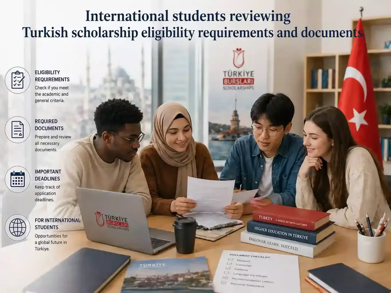 International students reviewing Turkish scholarship eligibility requirements and documents